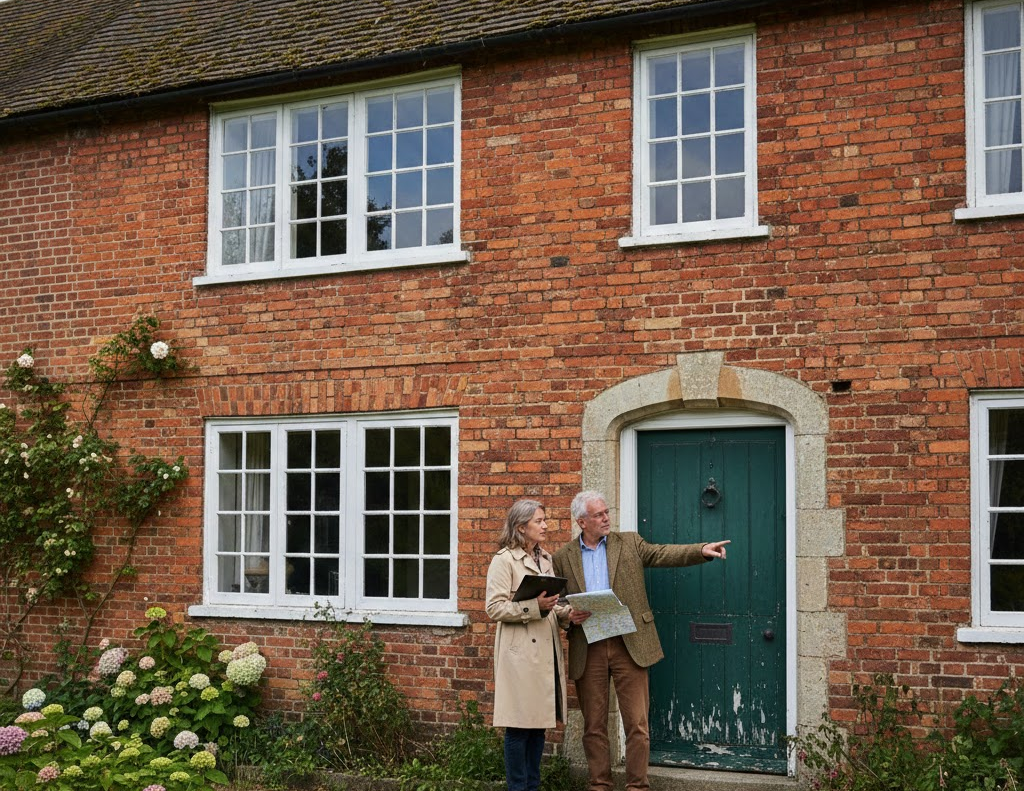 A man and woman are standing side by side in front of a house, both looking towards the camera with friendly expressions