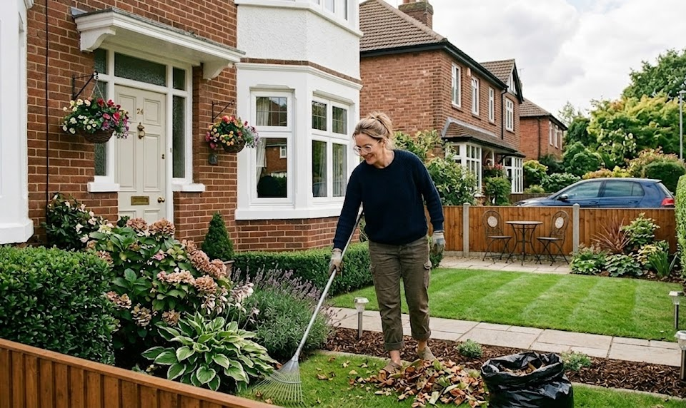 Person raking autumn leaves in front garden of red-brick house in UK neighborhood